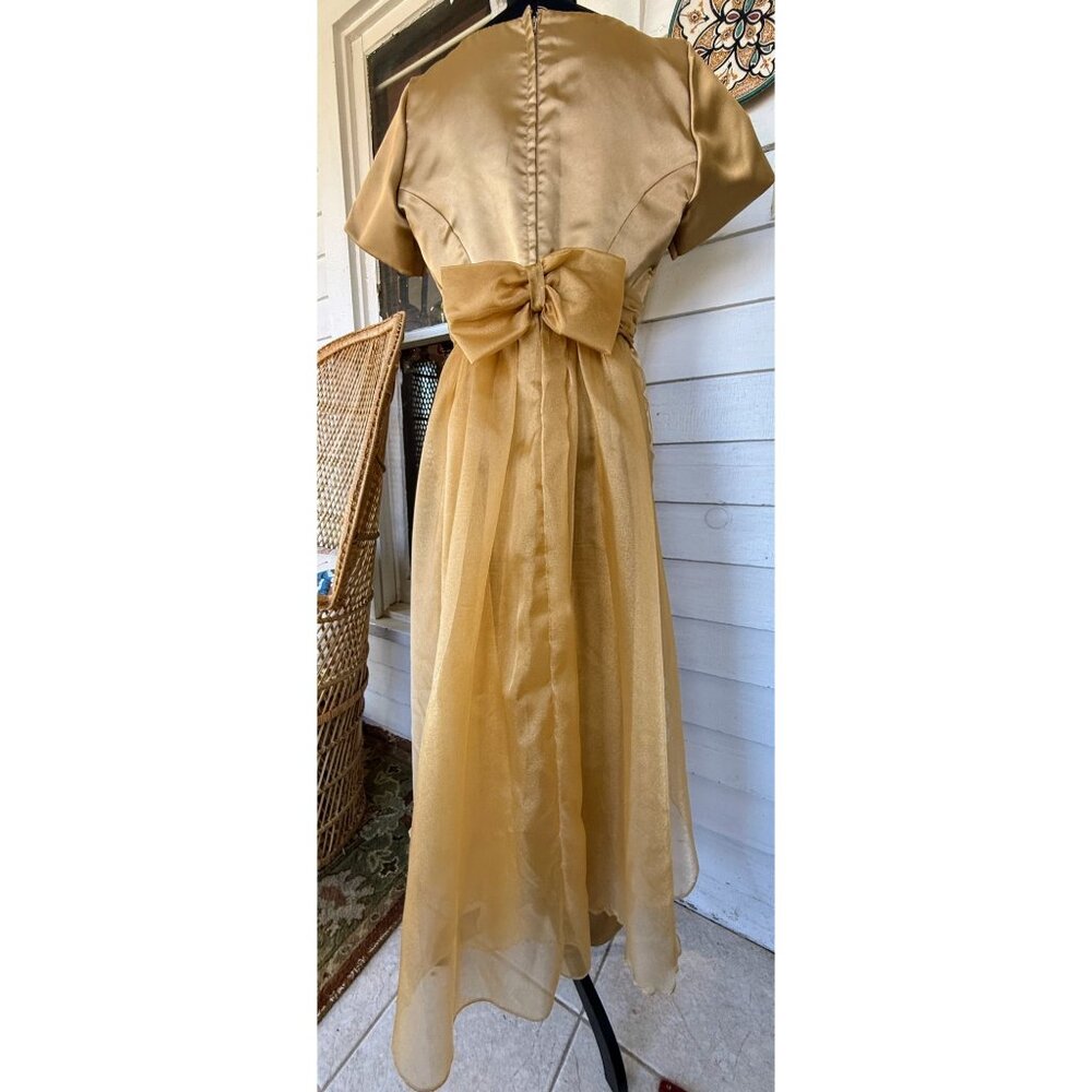 Vintage 60's Gold Satin Organza Formal Dress Rhinestones Bow Back M/L - Picture 2 of 16